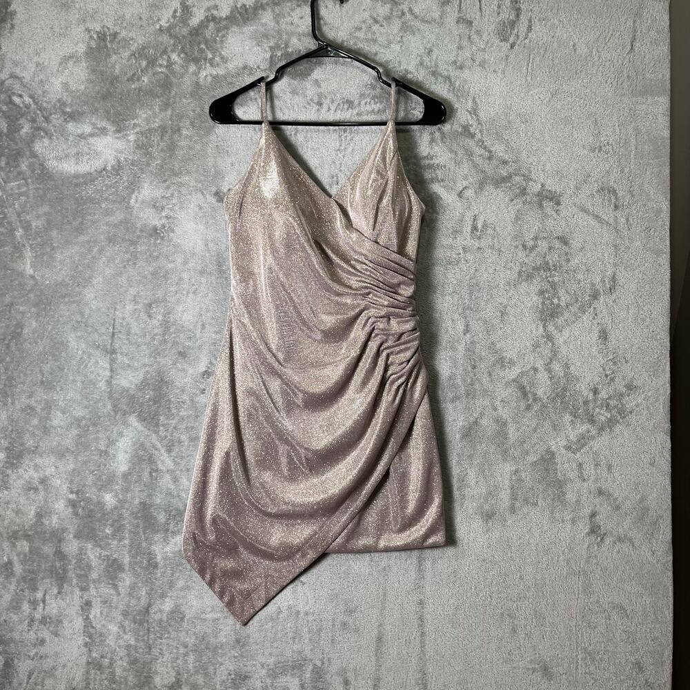 Mac Duggal Shimmery Rose Gold Asymmetrical Slip Dress